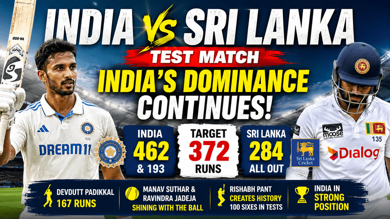 India vs Sri Lanka Test: India Take Strong Control as Sri Lanka Face 372-Run Target